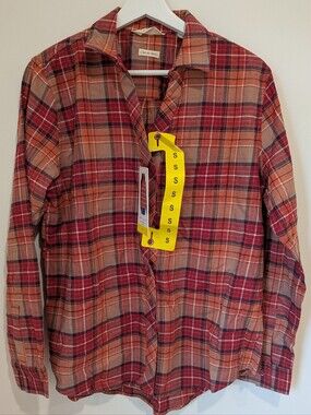 NWT Vintage Womens Burnt Orange and Red Plaid Flannel Button-Down (small)